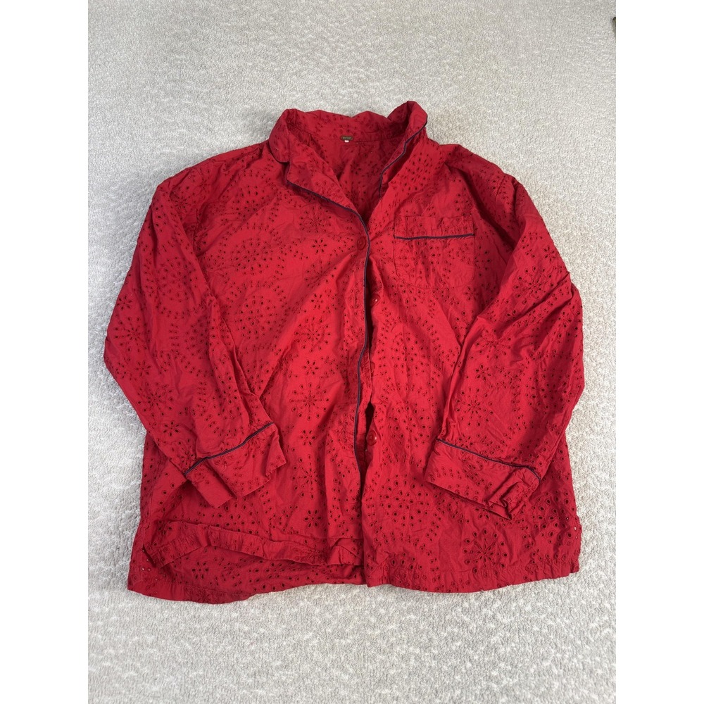 Free People Shirt Womens Red Eyelet Embroidered Button Front Long Sleeve Blouse